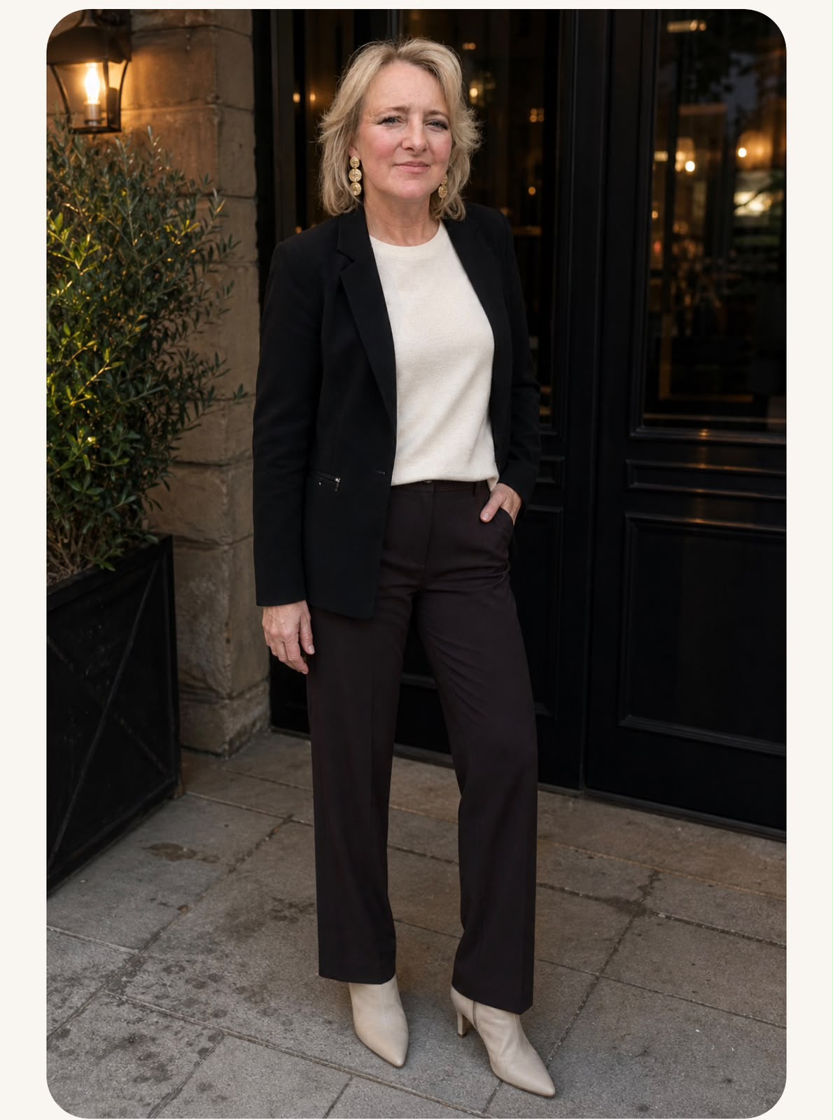 Een elegante combinatie van een zwarte blazer, lichte top en donkere broek
